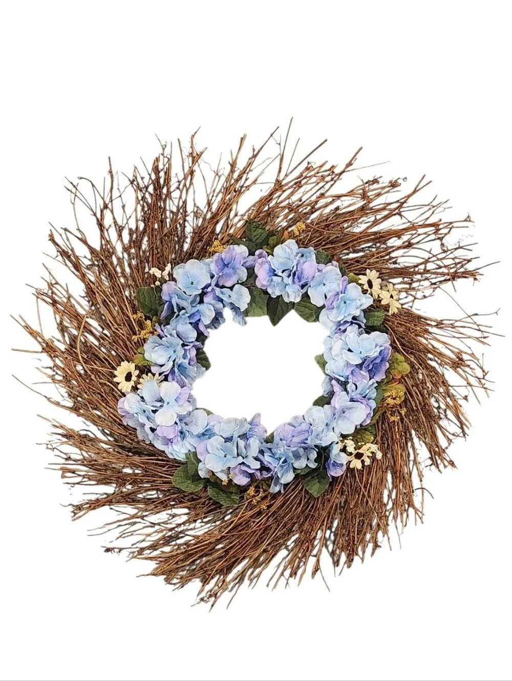 Handmade Summer Blue Hydrangea Grapevine Wreath Rustic Farmhouse Door Decor